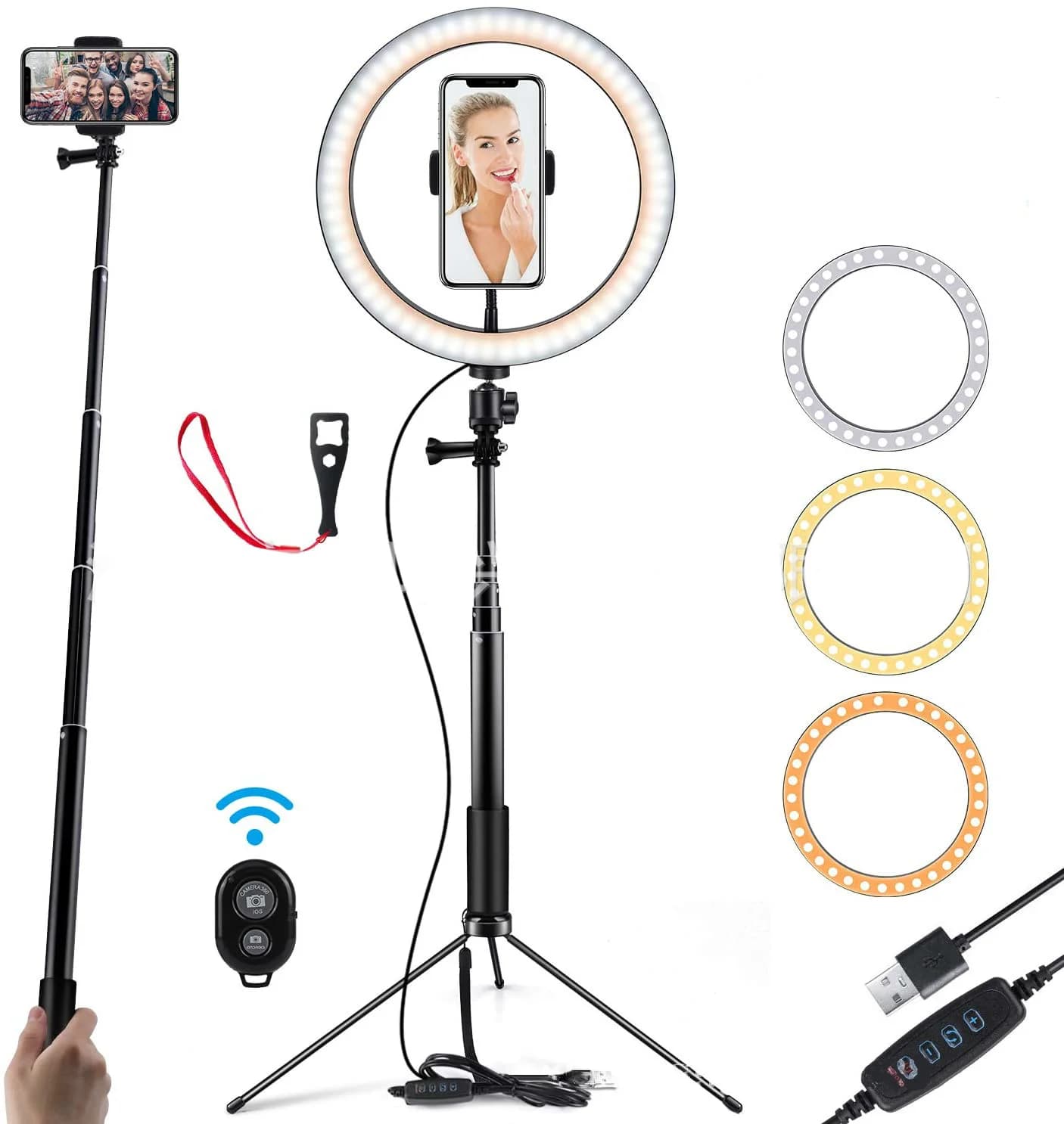 USB LED Ring Light with Tripod + Bluetooth Remote (8/10 inch)
