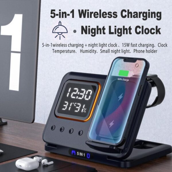 15W Wireless Chargers Stand 5 In1 LED Digital Alarm Clock Fast Charging Dock Station - Image 6