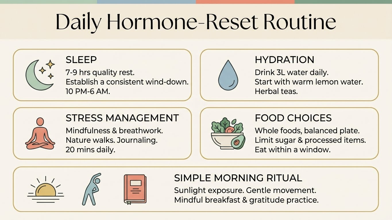 A beautifully designed illustration of a simple daily hormone reset routine