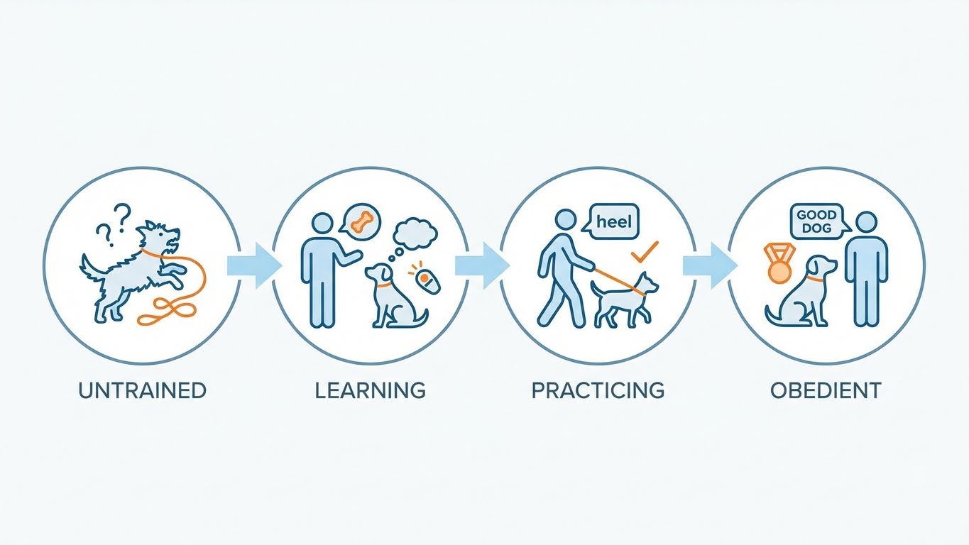Clean step-by-step flowchart showing the modern, brain-based dog training process