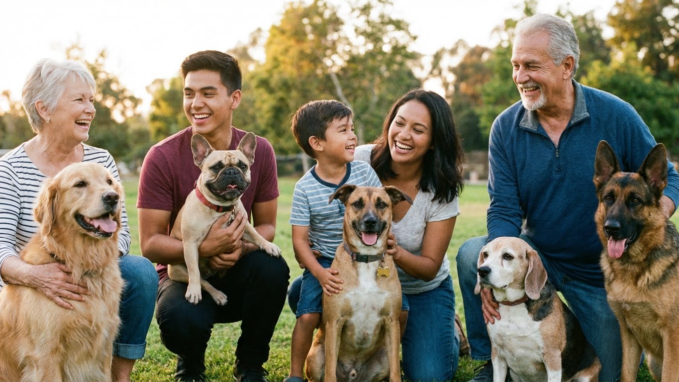Diverse group of dog owners engaging positively with their well-behaved dogs