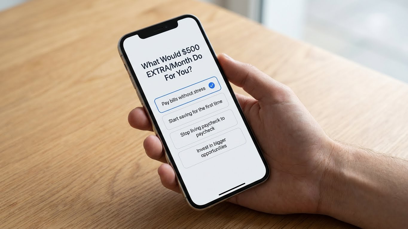 Realistic smartphone showing side hustle discovery app interface