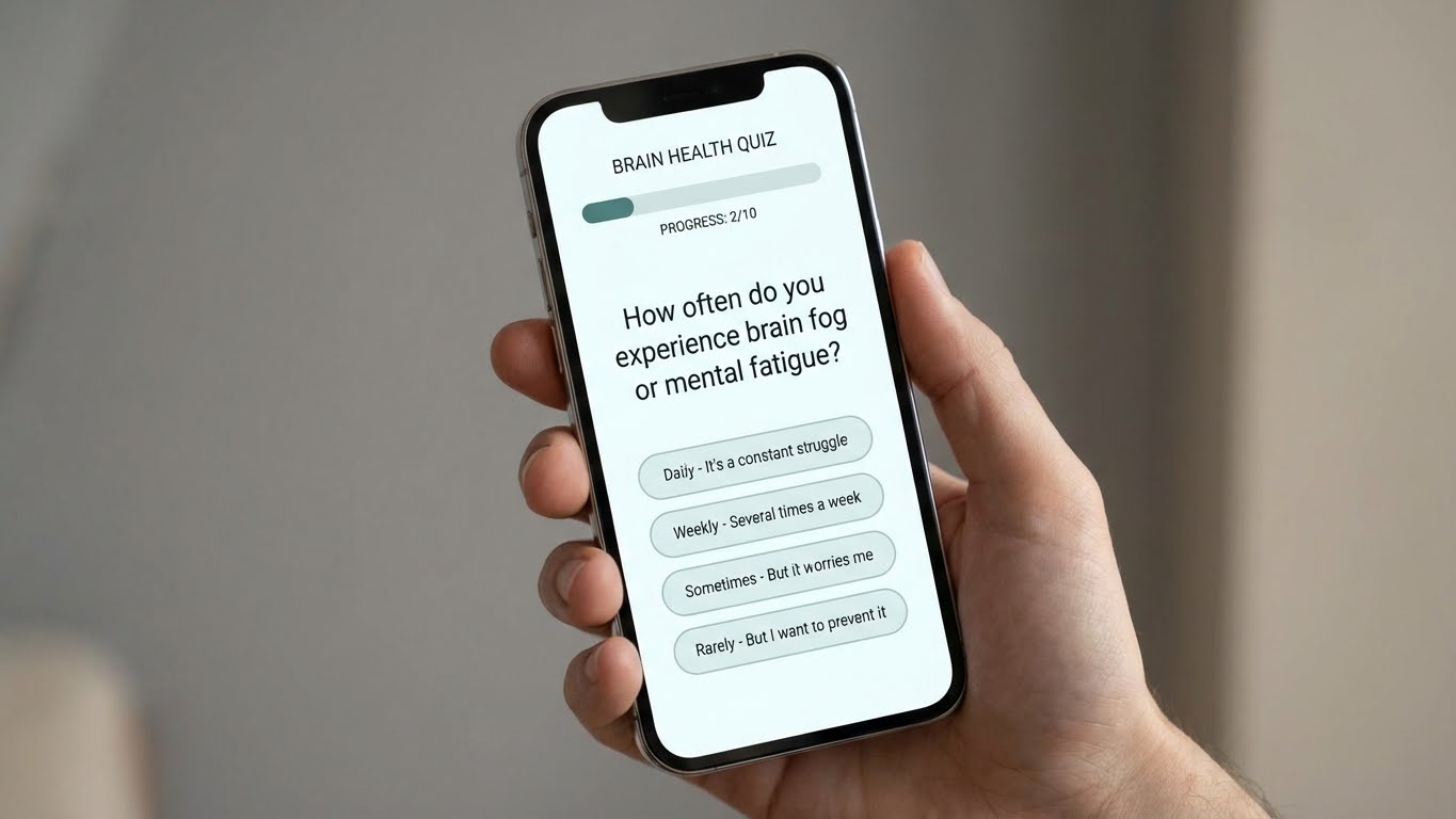 Realistic smartphone showing brain health assessment interface