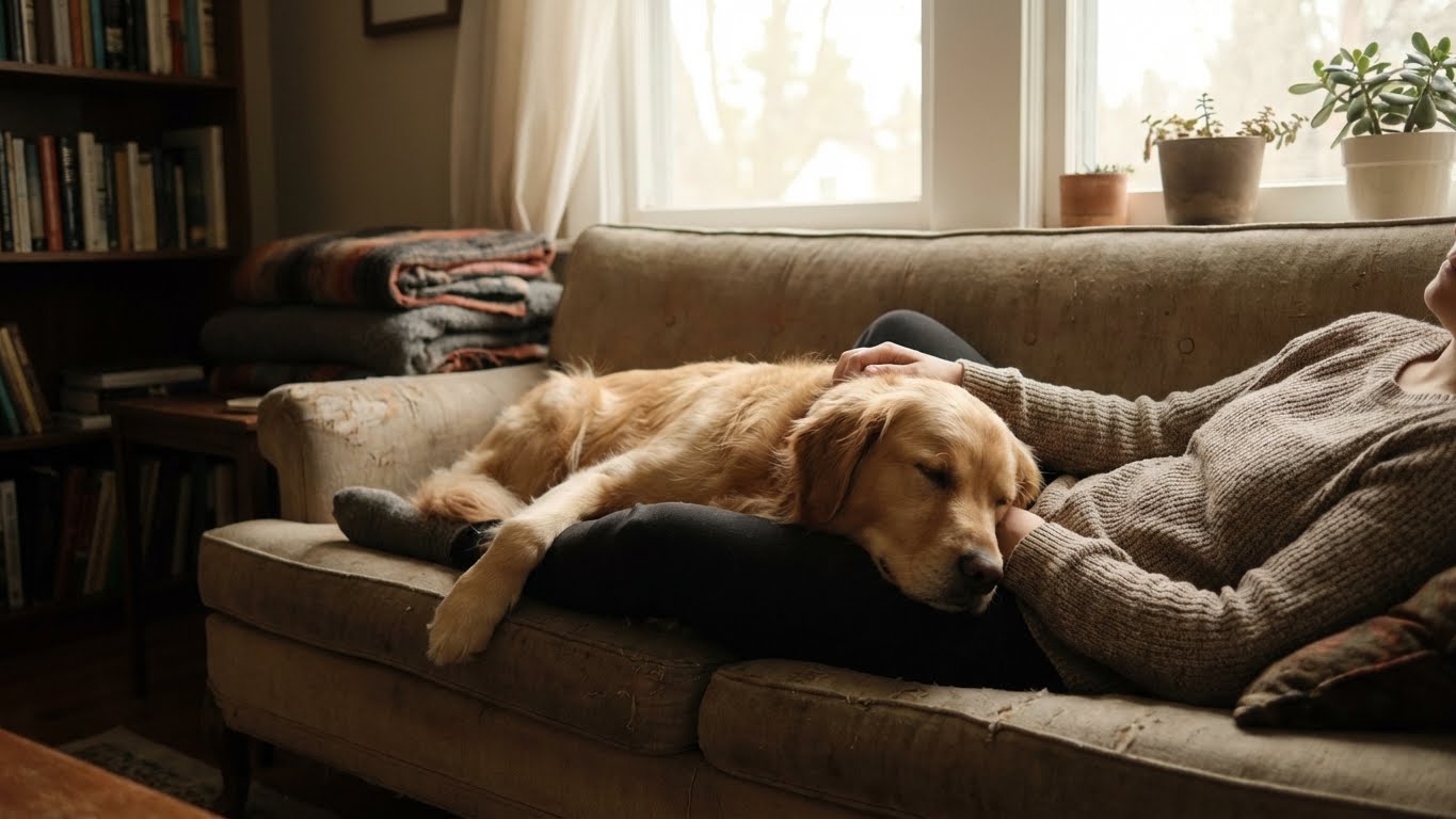 Calm, reassuring image of a person and dog enjoying a peaceful moment together