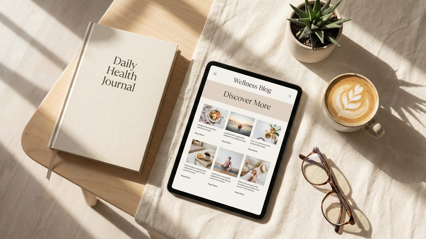 Clean editorial-style desk with wellness articles and educational materials