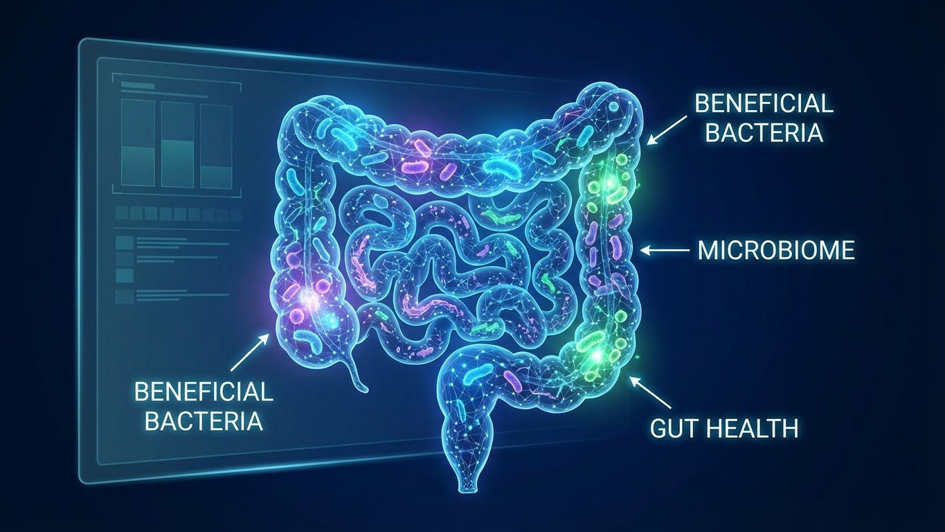 Gut microbiome illustration, glowing healthy bacteria, scientific but friendly look