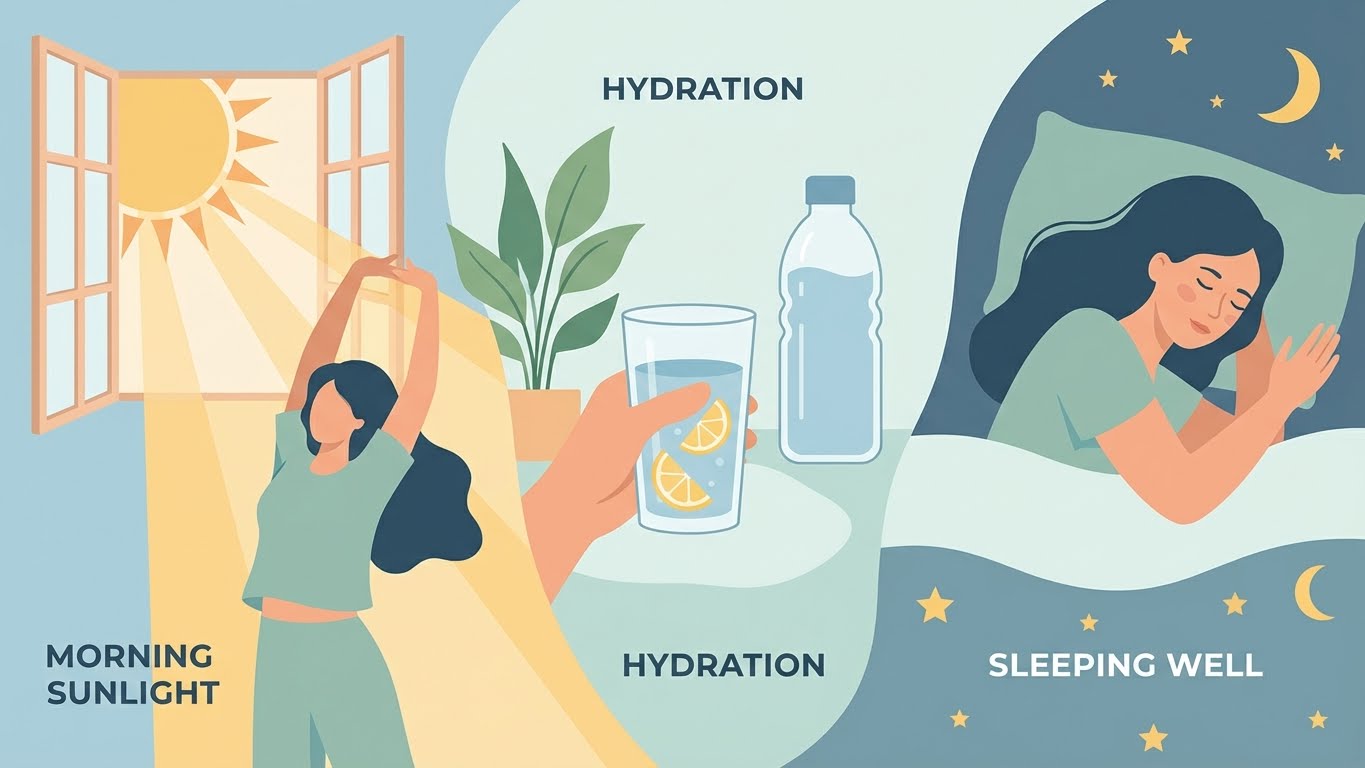 Healthy habits illustration: morning sunlight, hydration, sleeping woman