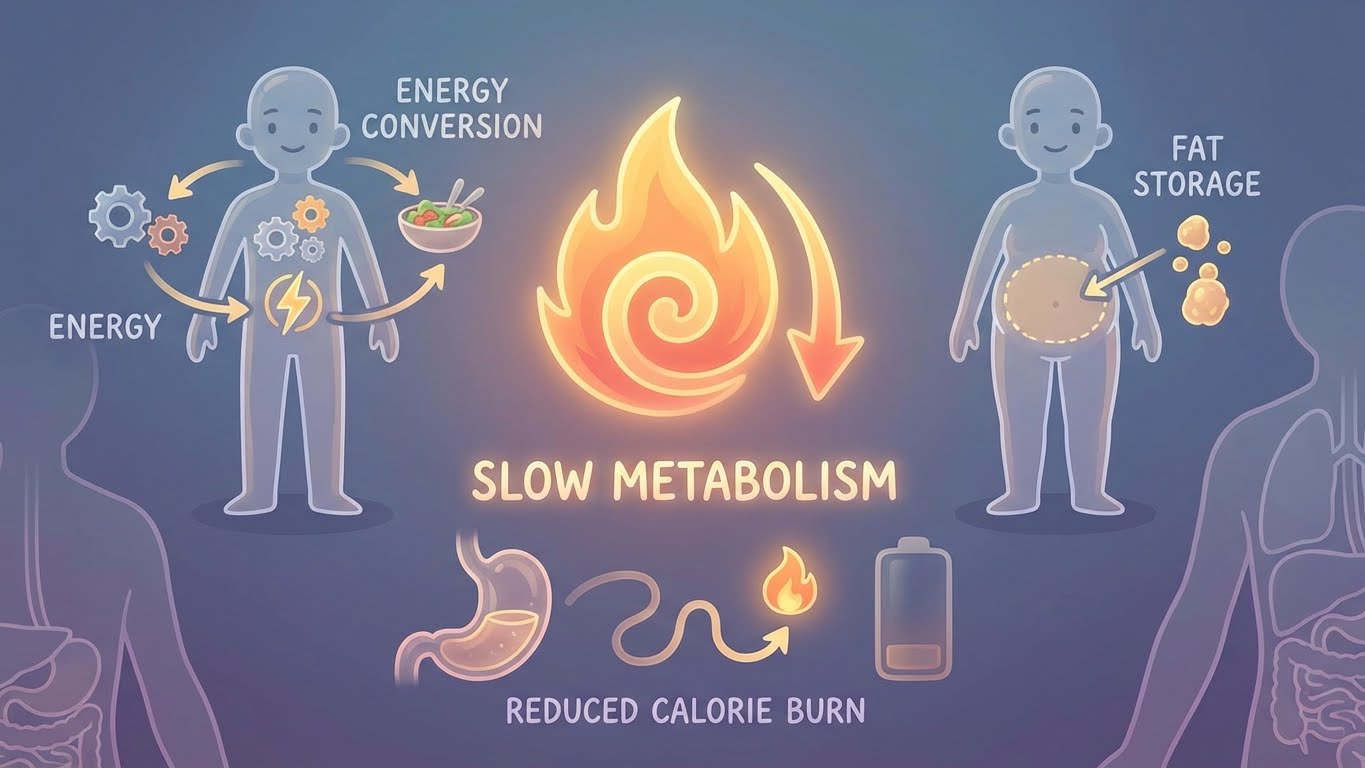 Scientific illustration of slow metabolism concept, glowing metabolism visual