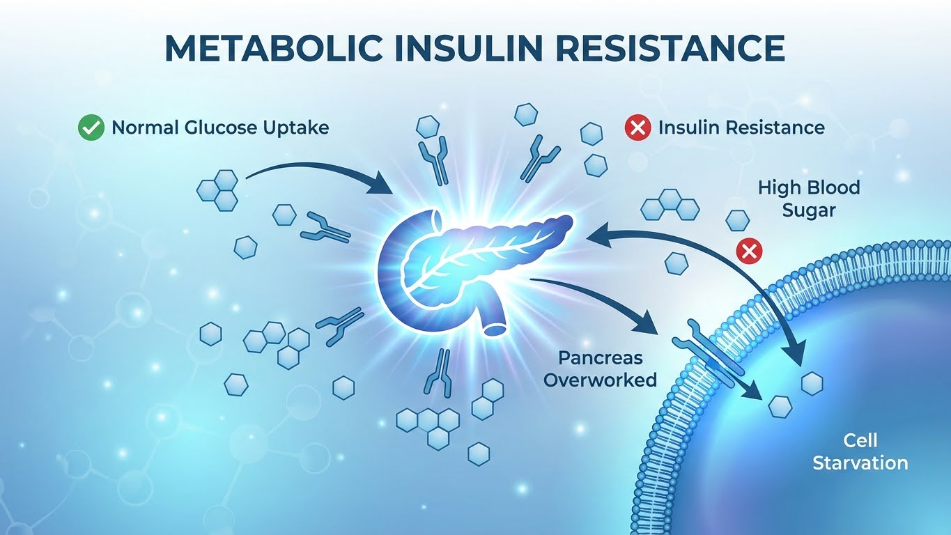 Metabolic insulin resistance infographic, glowing pancreas icon with sugar molecules