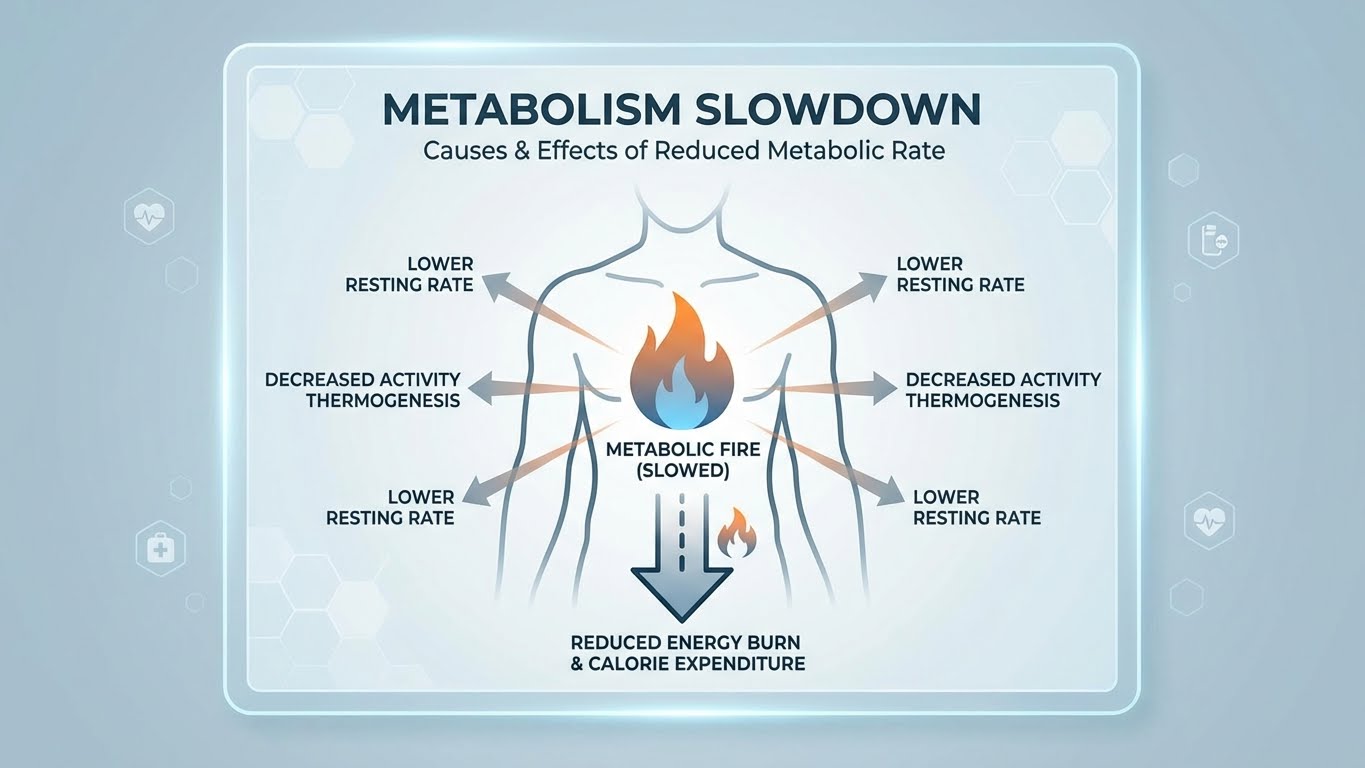 Metabolism slowdown infographic, dimmed metabolic flame