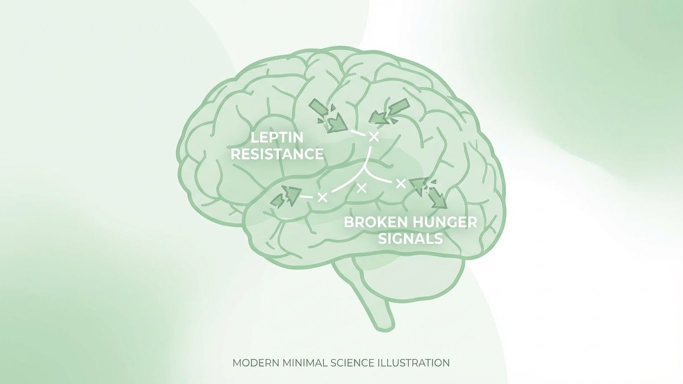 Leptin resistance concept art, brain outline with broken hunger signals