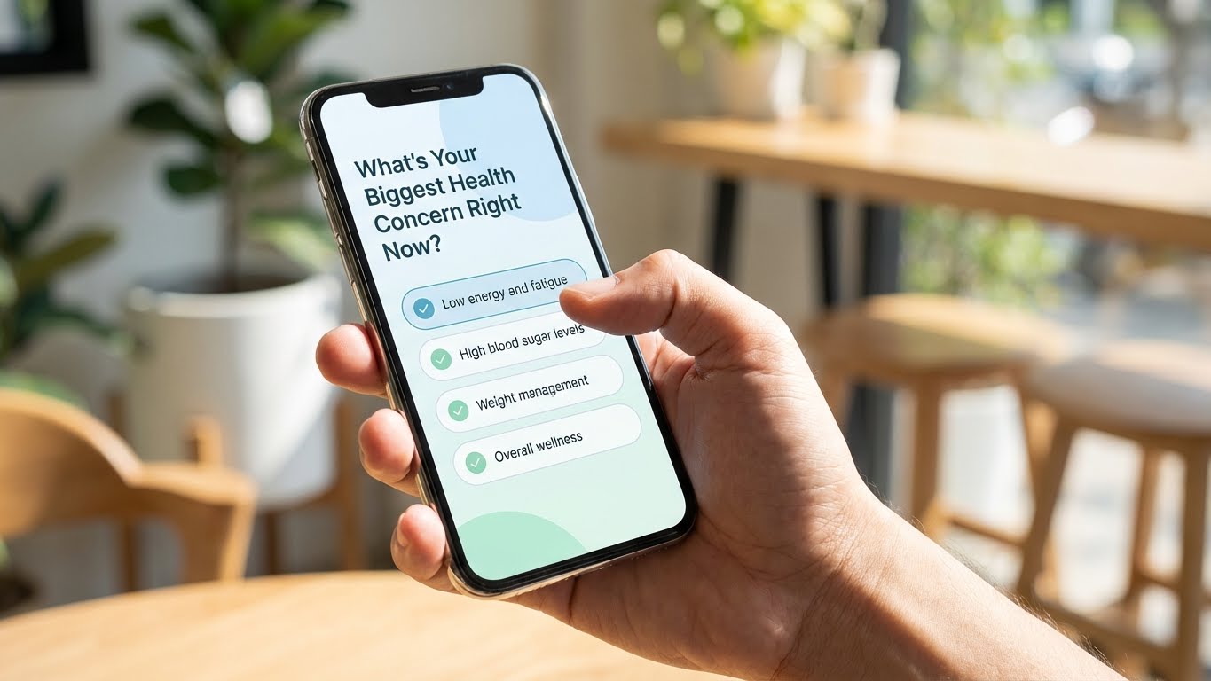Realistic smartphone showing a blood sugar awareness quiz interface