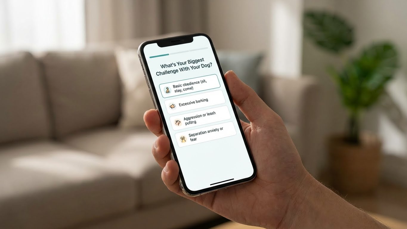 Realistic smartphone showing a dog training quiz interface