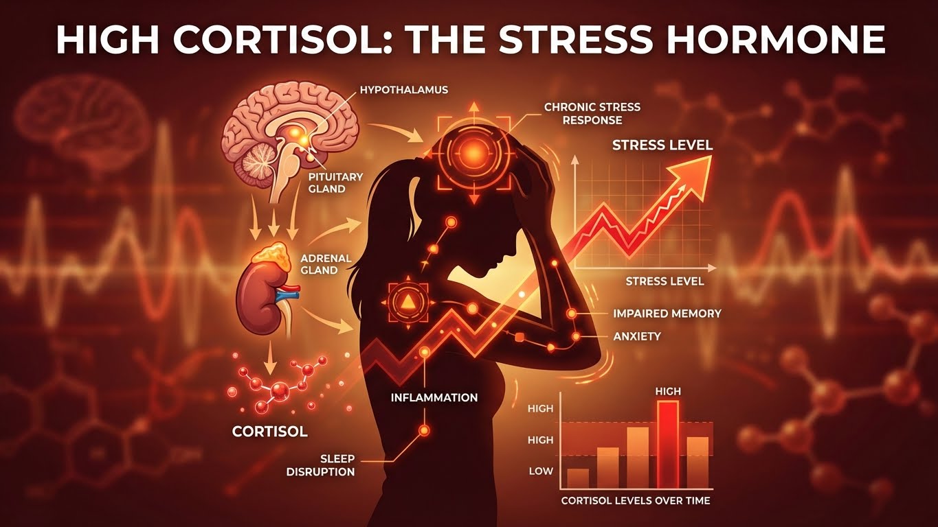 Scientific illustration of high cortisol levels, stressed woman silhouette