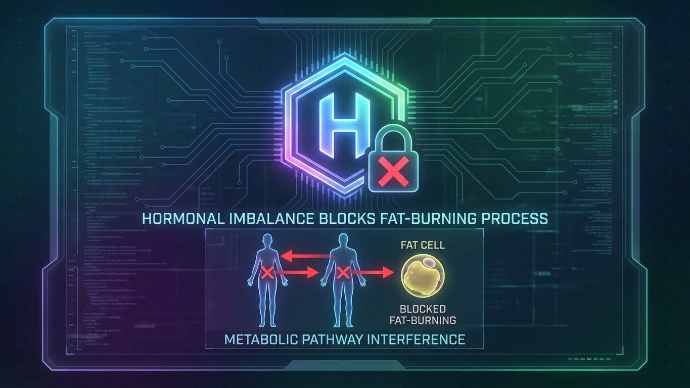 Scientific illustration of hormonal imbalance blocking fat-burning with a 'lock' icon