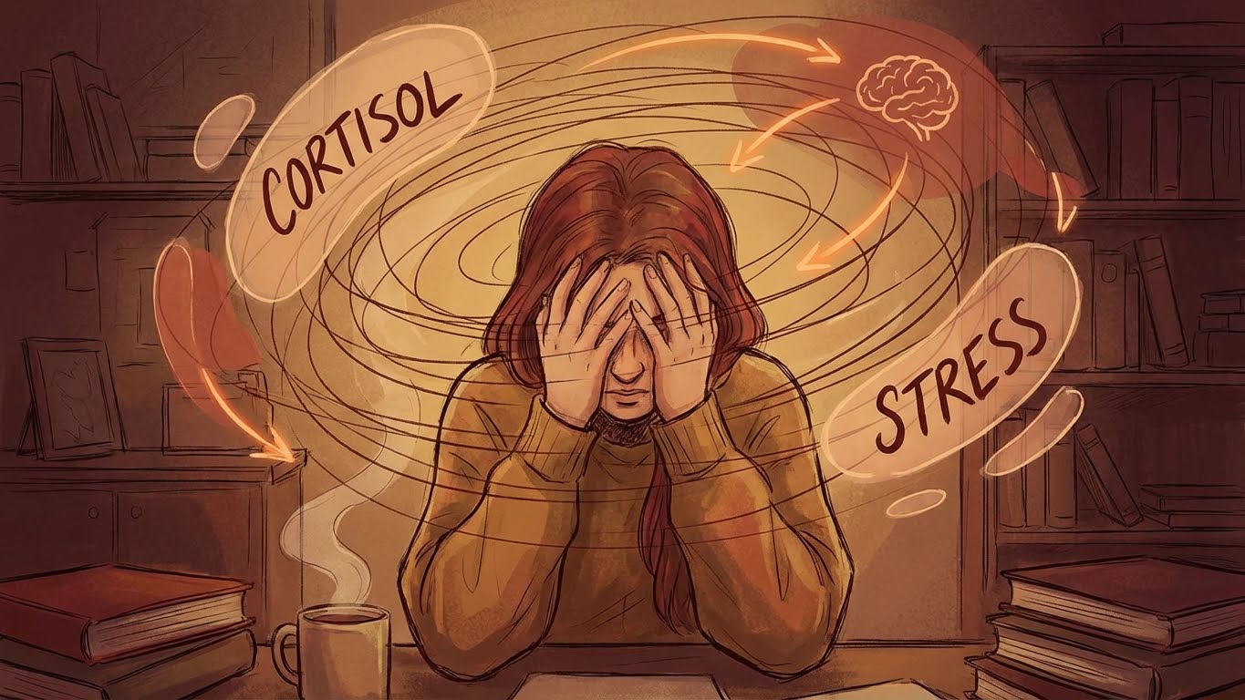 Stress and cortisol concept art, a woman holding her head, warm colors