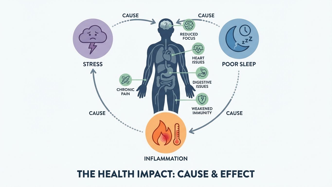 Stress, poor sleep, and inflammation icons around a silhouette of a body