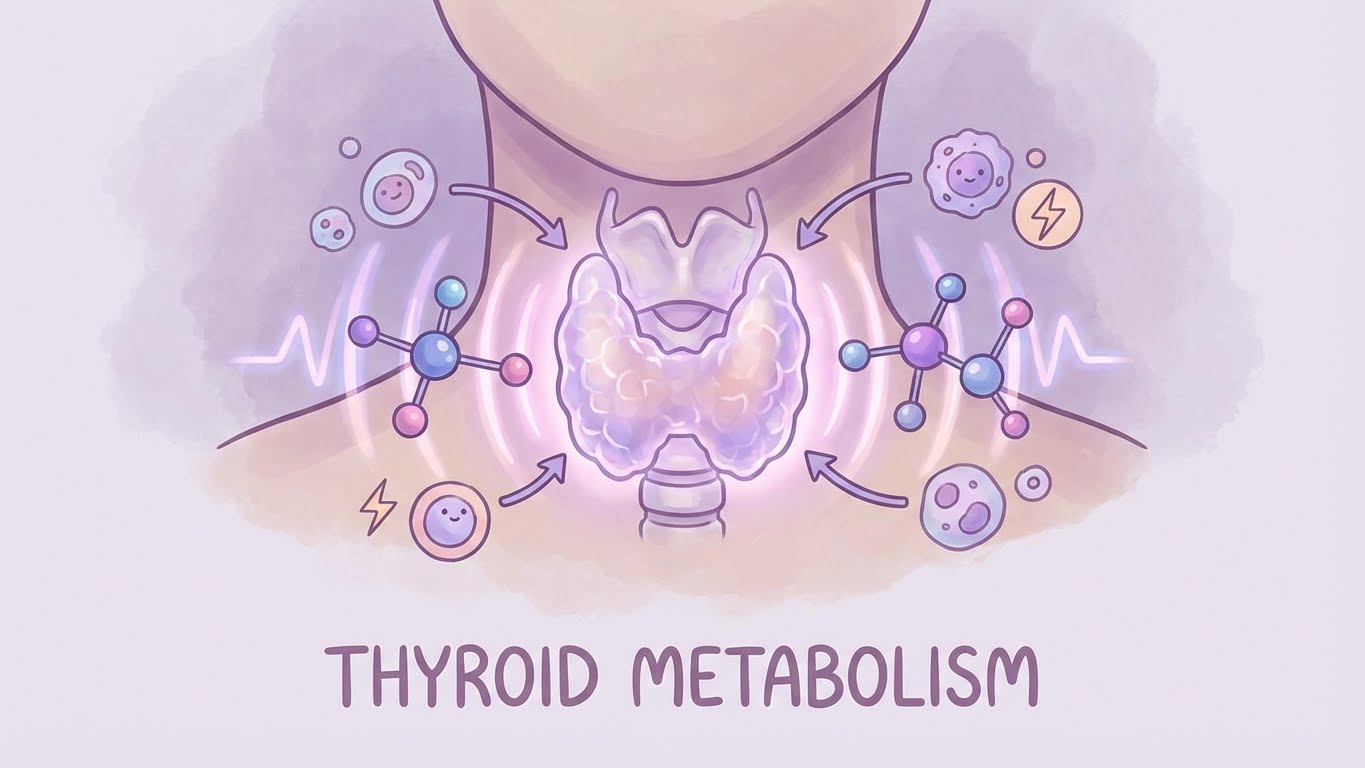 Thyroid gland metabolism illustration, glowing thyroid with energy waves