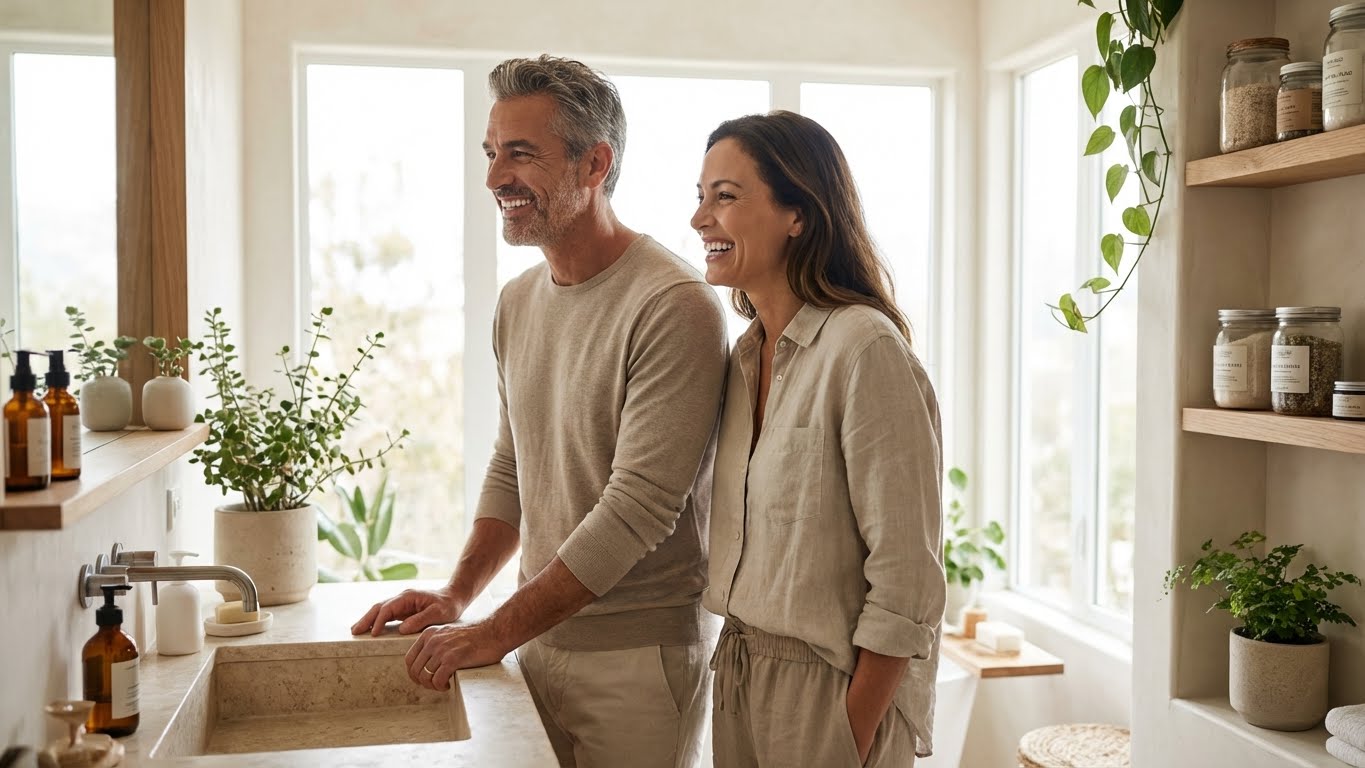 A calm, modern bathroom setting with oral care products, representing thoughtful daily routine