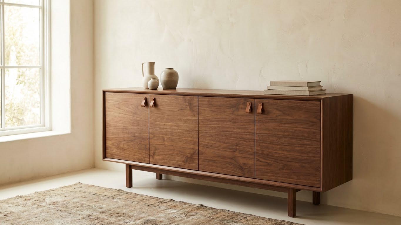 A calm, reassuring woodworking workshop scene with finished projects and natural light