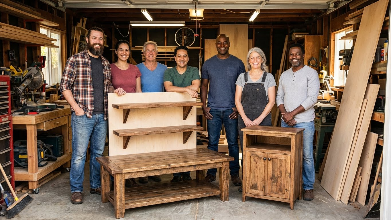 A diverse group of woodworking enthusiasts working on projects together