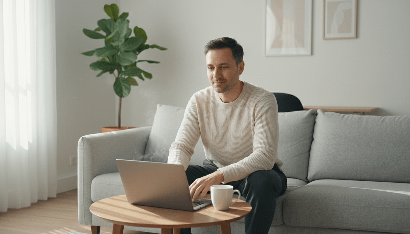 A person balancing work and personal life in a modern, calm setting