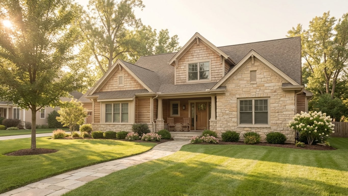 Calm, reassuring image of a well-maintained home with green grass, symbolizing peace of mind and proper home care