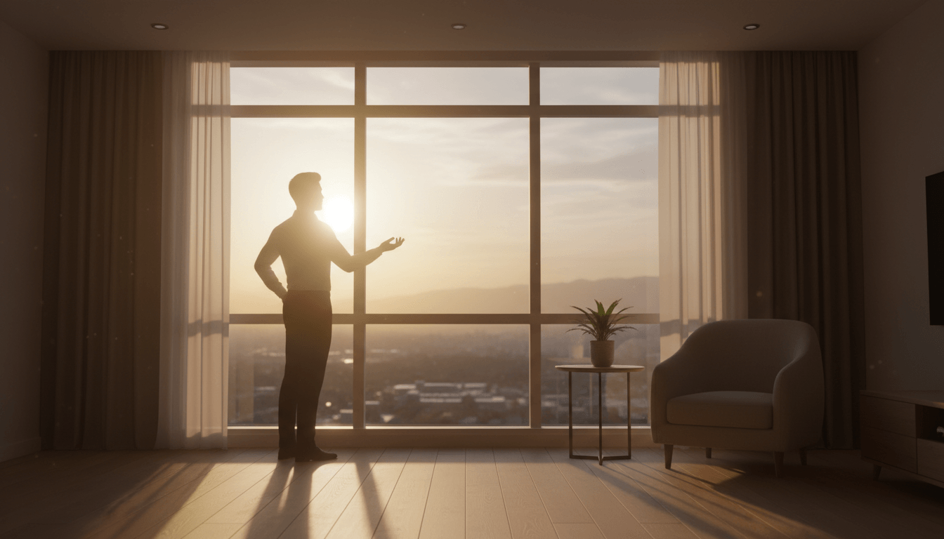 Calm, reassuring image of a person looking at a laptop with a smile, feeling confident and in control