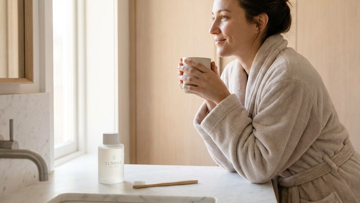 Calm, reassuring wellness scene with plants and natural light, symbolizing balance and health