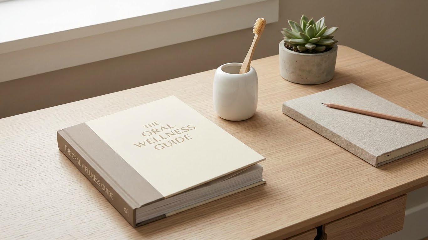 Clean editorial-style desk with oral health articles, a plant, and a cup of tea