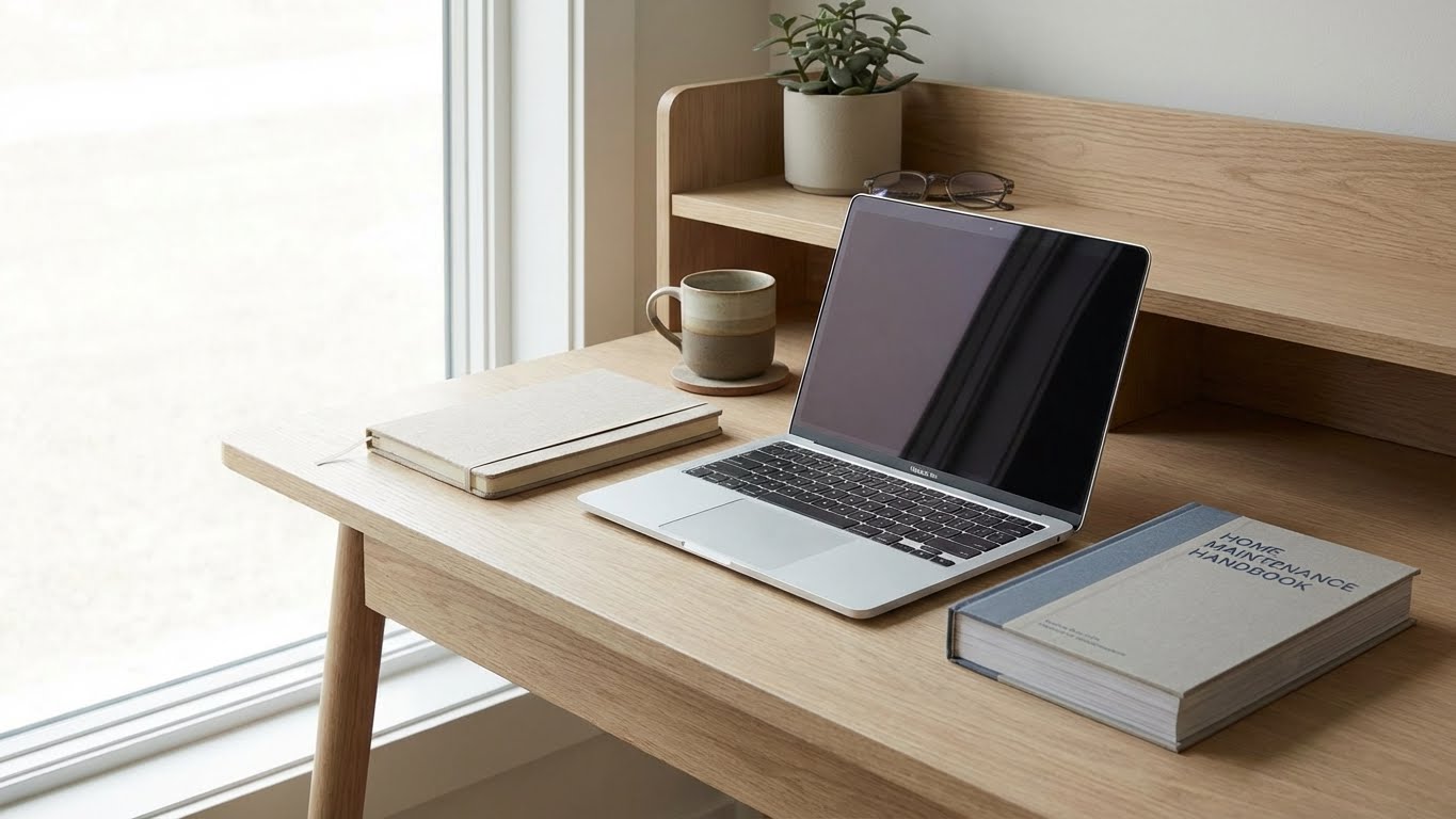 Clean editorial-style desk with home maintenance guides, blueprints, and a cup of coffee