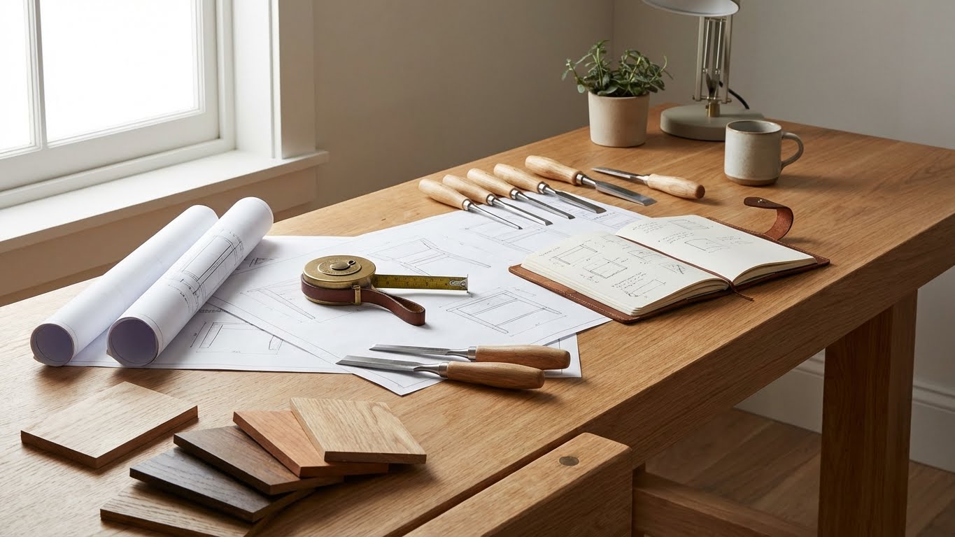 Clean editorial-style desk with woodworking plans, measuring tools, and project sketches