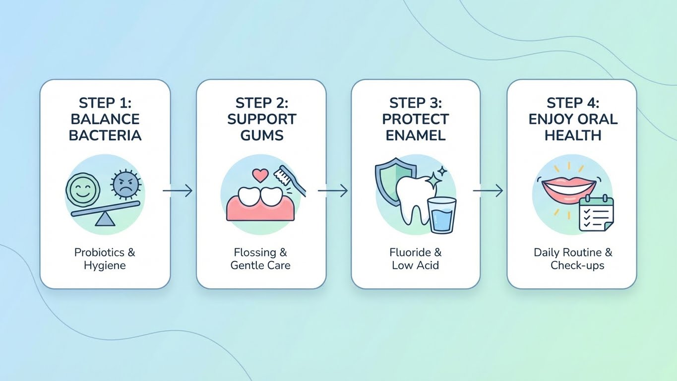 Clean step-by-step visual of a modern, supportive oral care routine