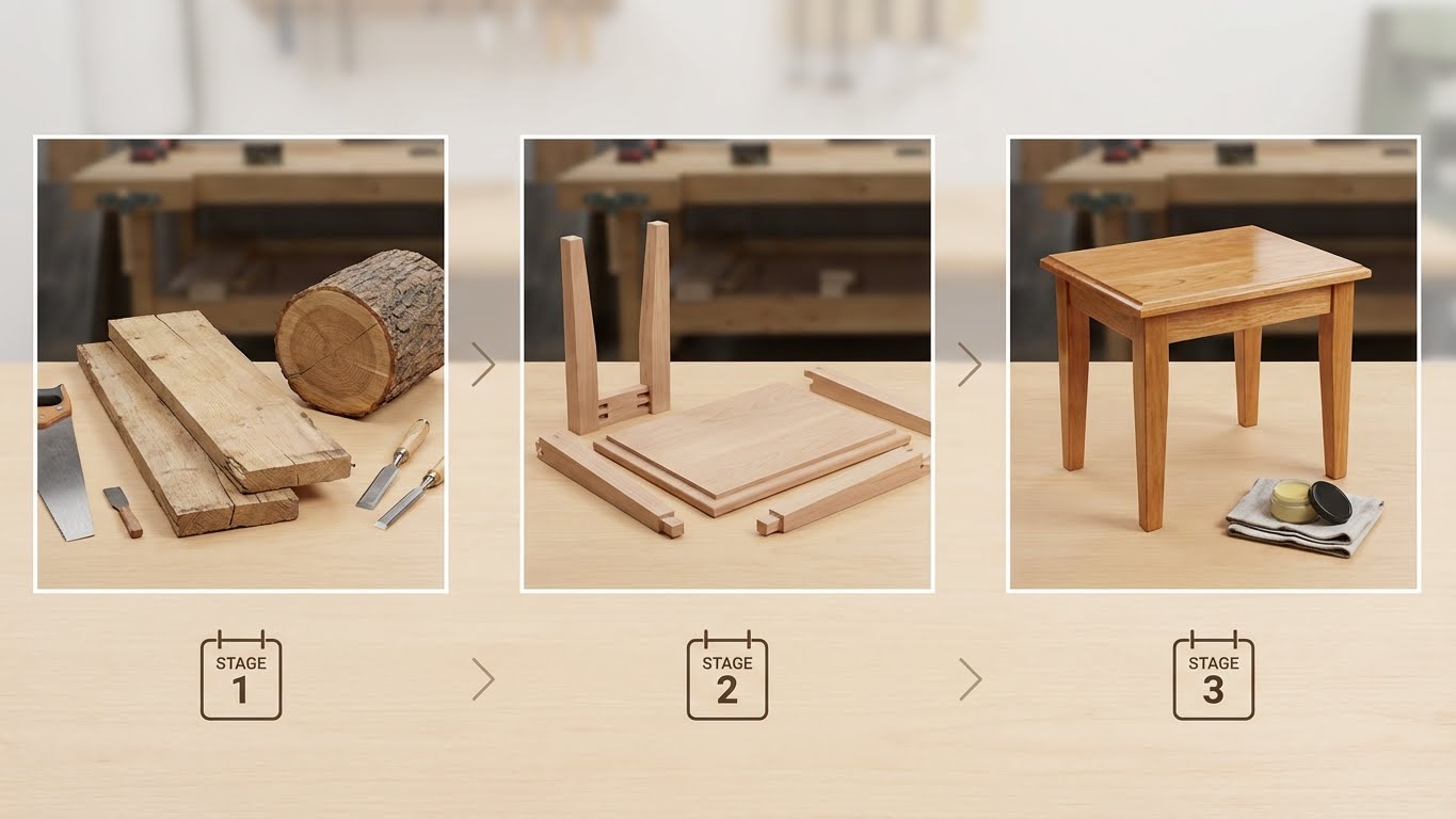 Clean step-by-step visual of a woodworking project from plans to finished piece