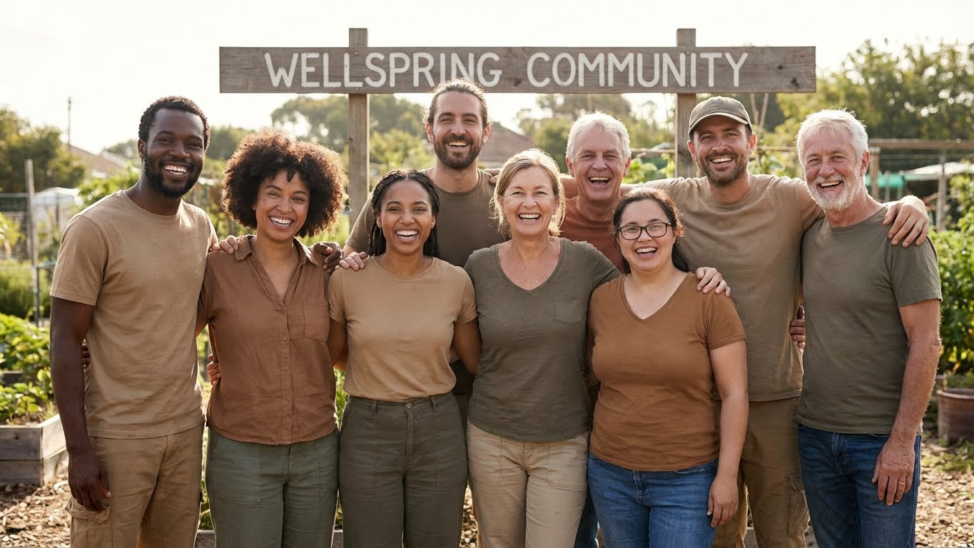 Diverse group of people smiling and talking, representing community and shared wellness