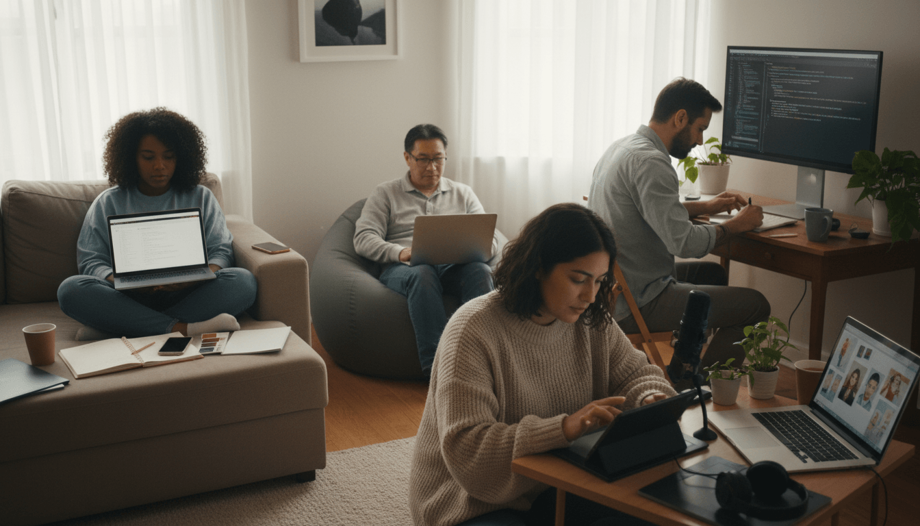 Diverse group of people collaborating and working on different projects