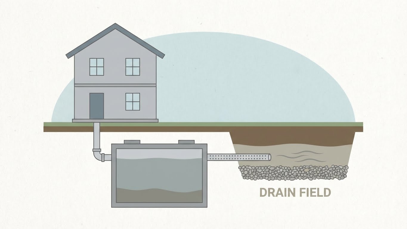 Minimal conceptual illustration showing a cross-section of plumbing beneath a home