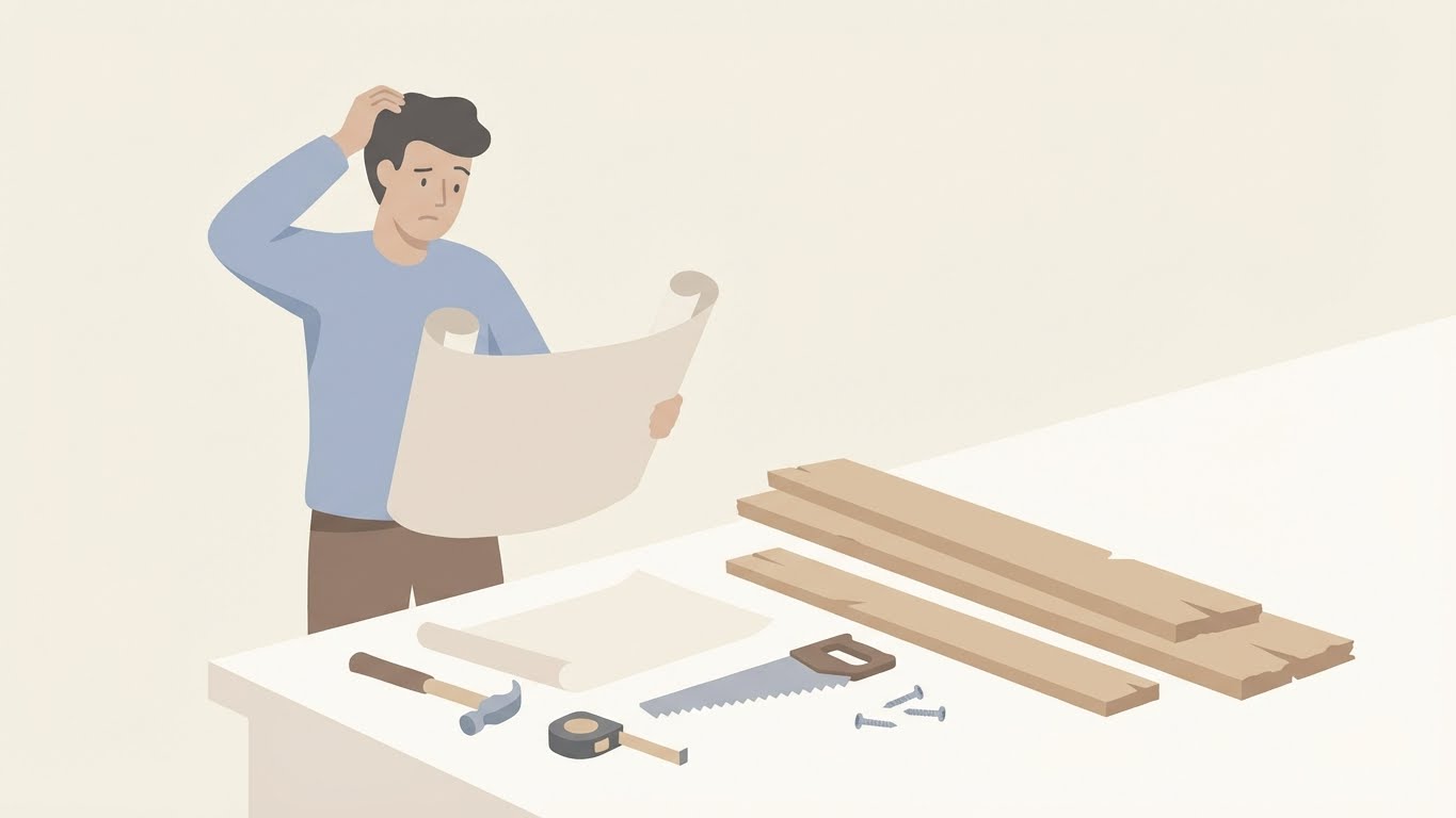 Minimal conceptual illustration showing woodworking tools and measurement challenges