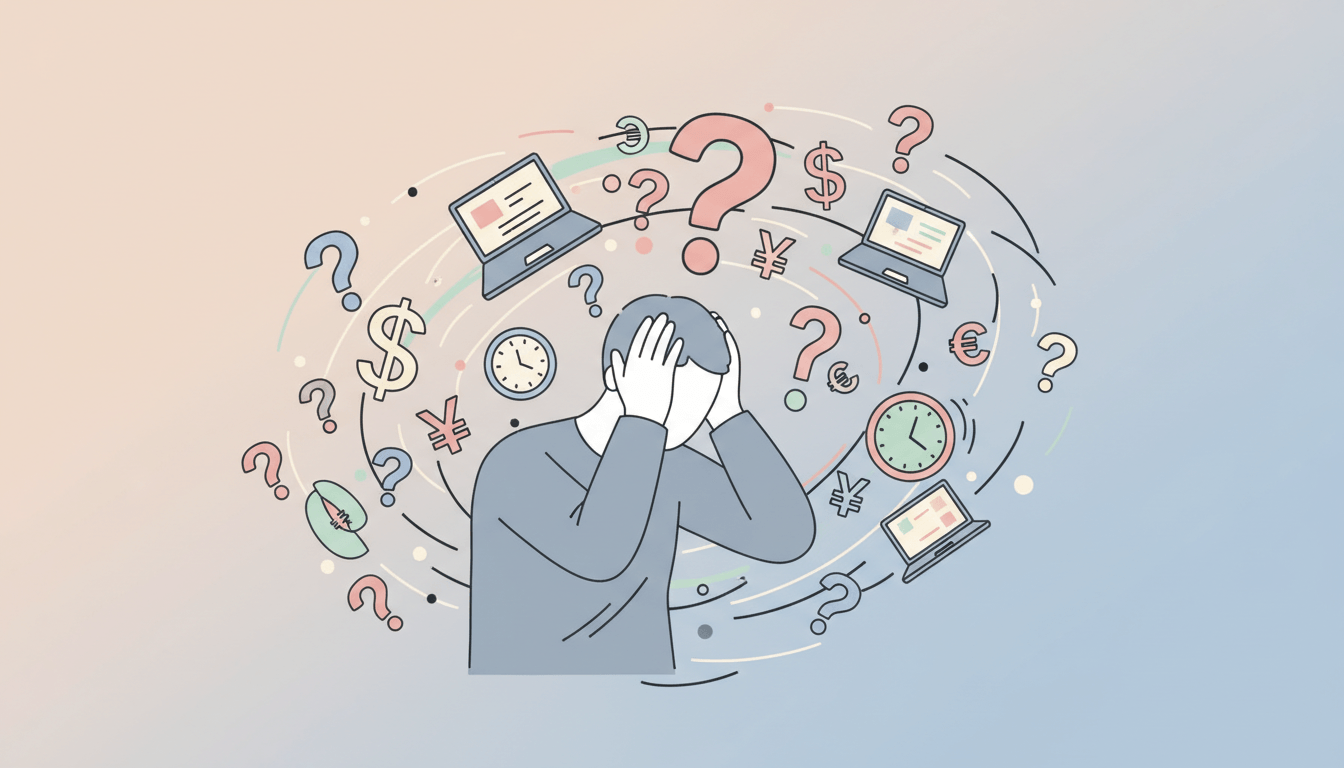 Minimal illustration of a person at a crossroads with many confusing signs