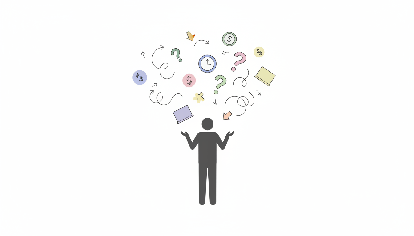 Minimal conceptual illustration of a person at a crossroads with many confusing signs