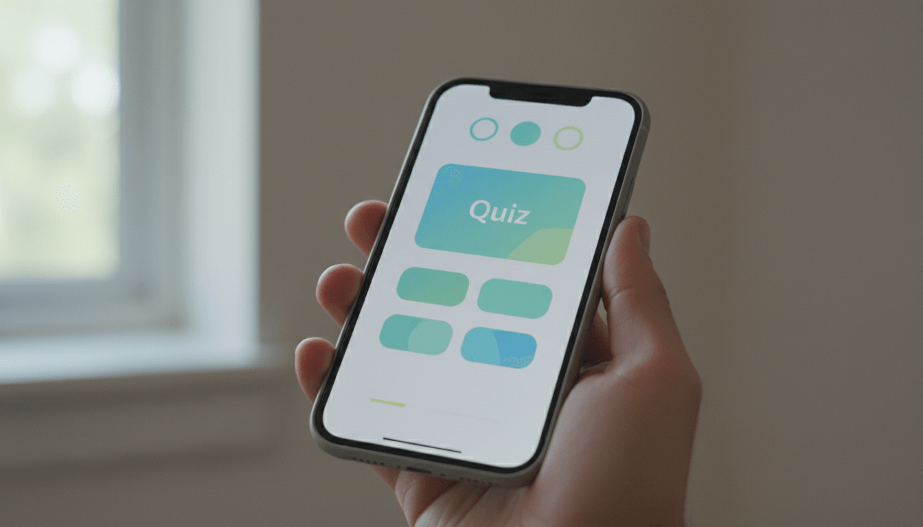 Realistic close-up of a person's hands taking a quick, friendly online quiz on a tablet