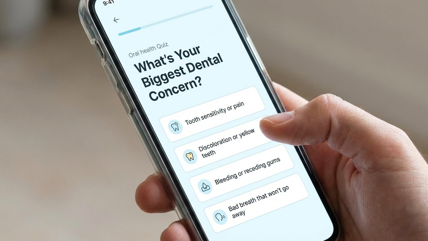 Realistic smartphone held in hand displaying a friendly oral health quiz interface