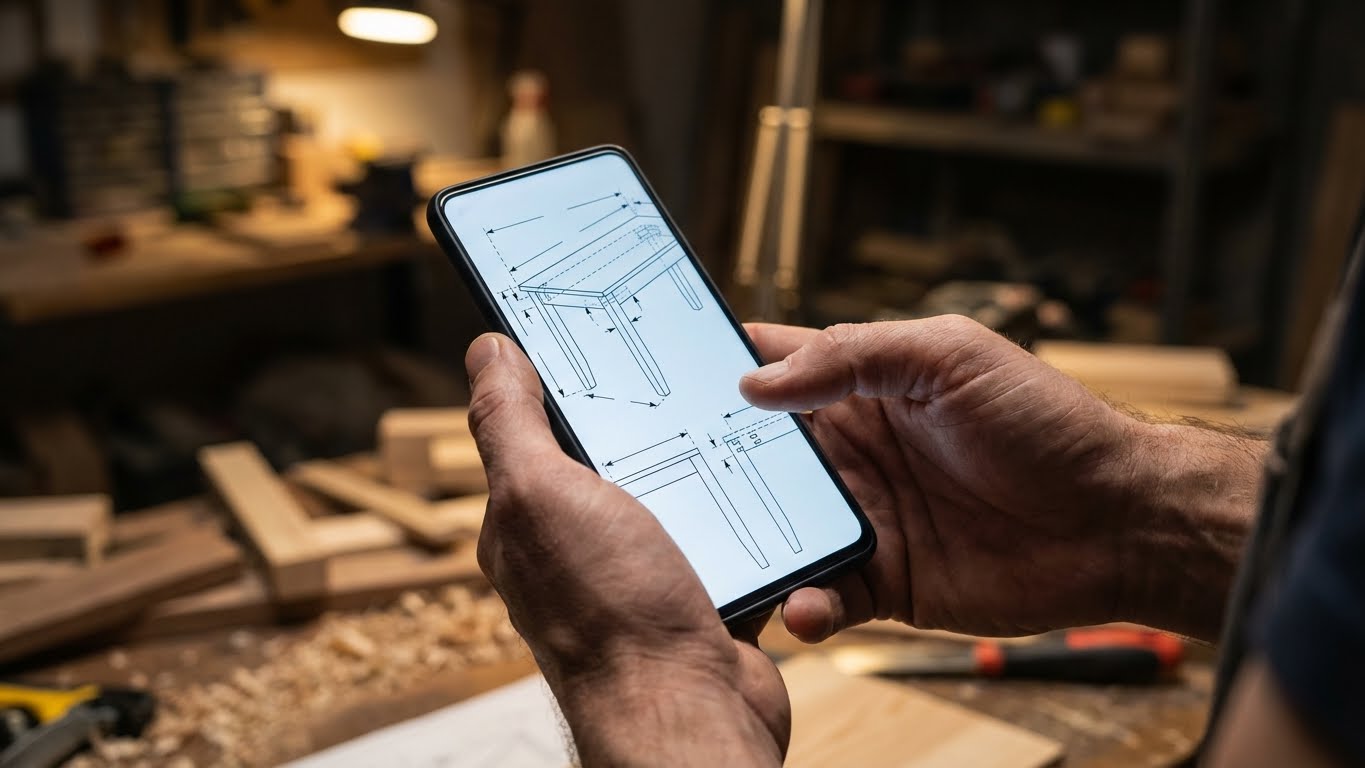 Realistic smartphone held in hand displaying a woodworking project finder interface