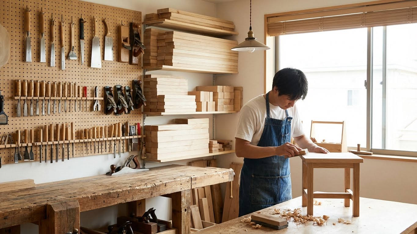 Woodworking tools and finished wood project