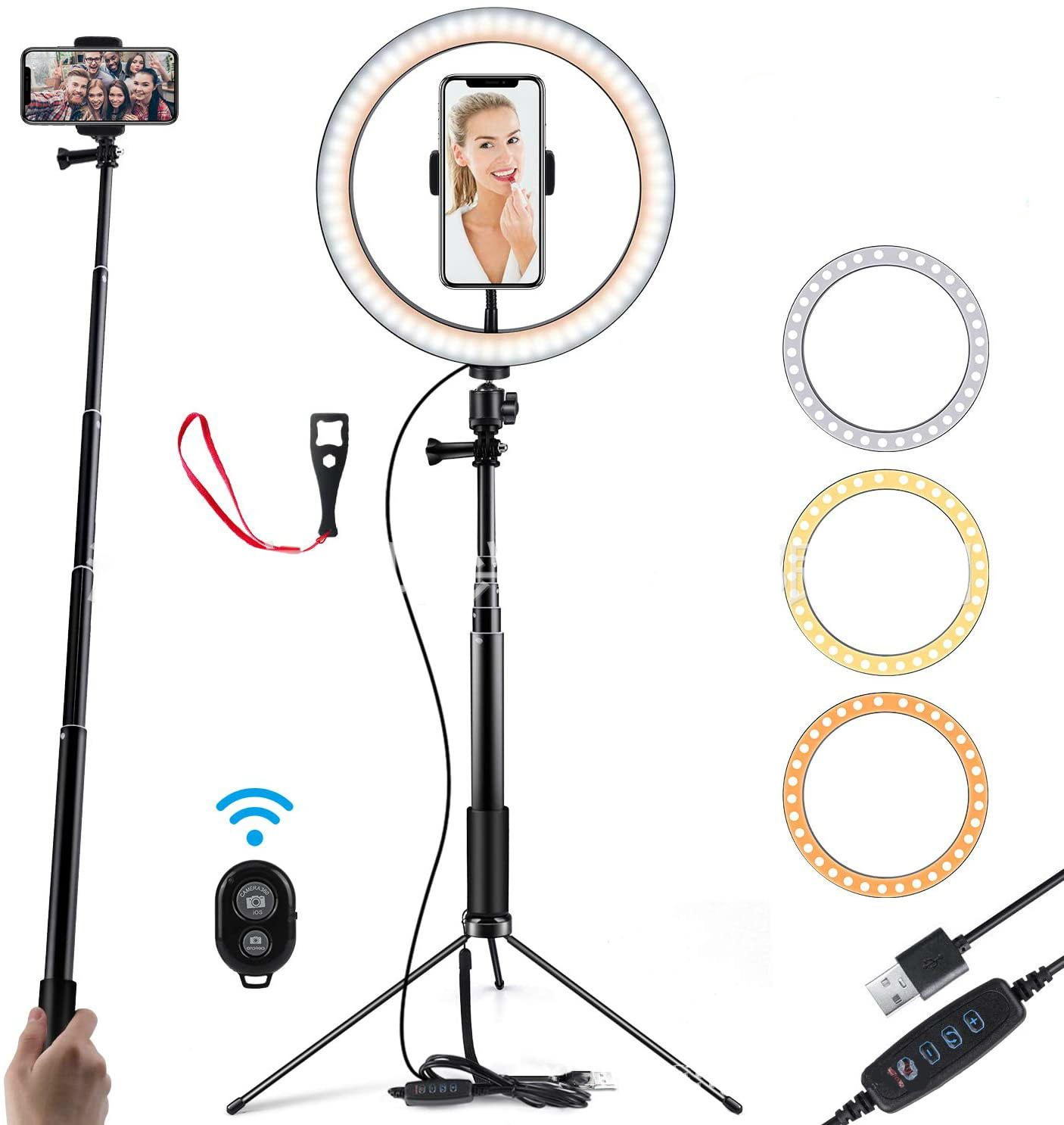 USB LED Ring Light with Tripod + Bluetooth Remote (8/10 inch)