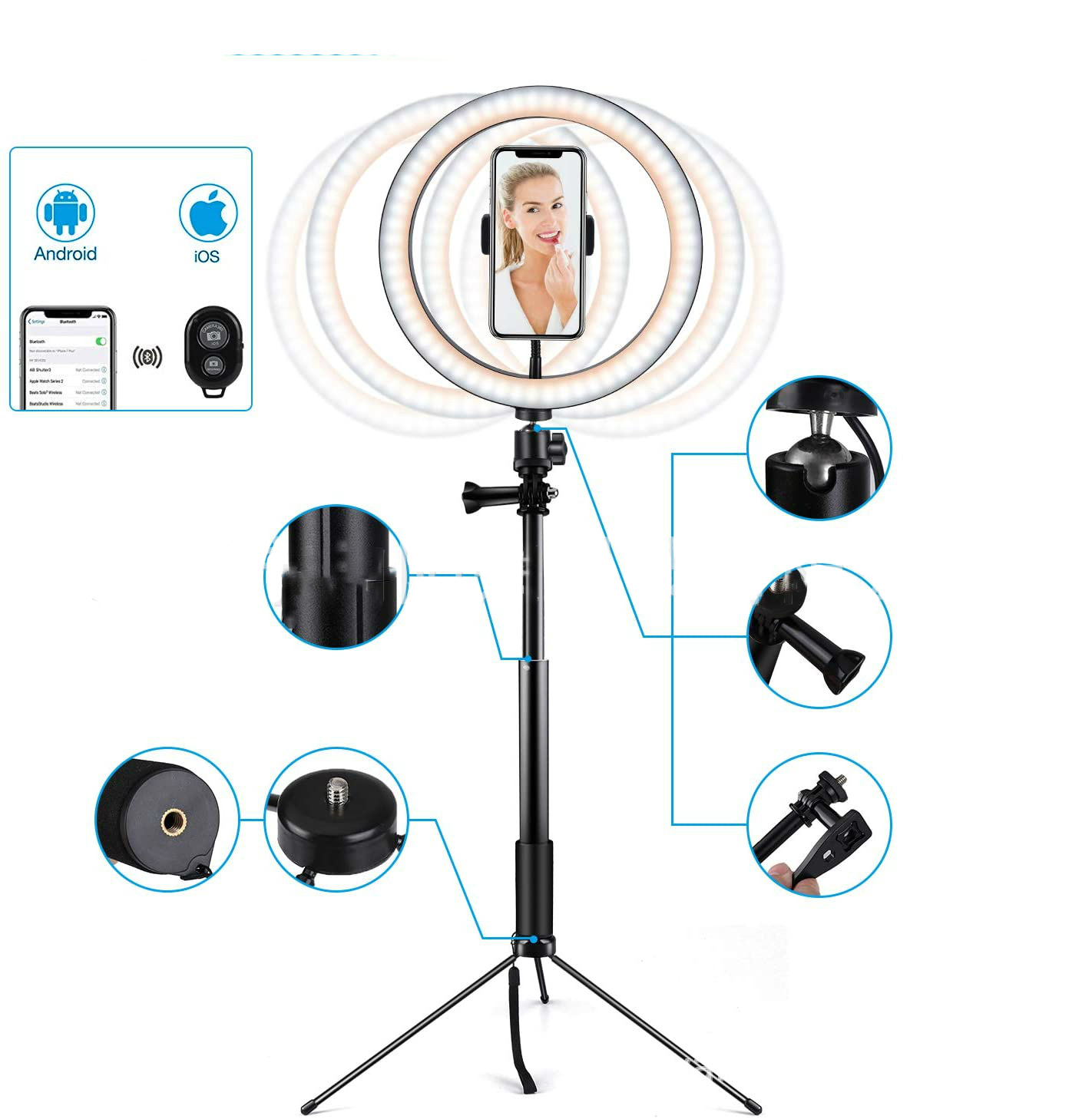 USB LED Ring Light with Tripod + Bluetooth Remote (8/10 inch) - Image 2